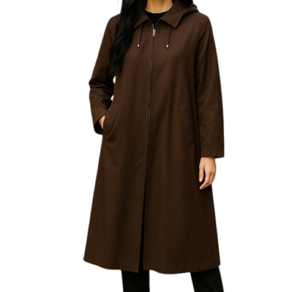 UTEX Hooded Trench Coat Brown Raglan Sleeves Pockets Padded Shoulders Classic 12 - Picture 1 of 14